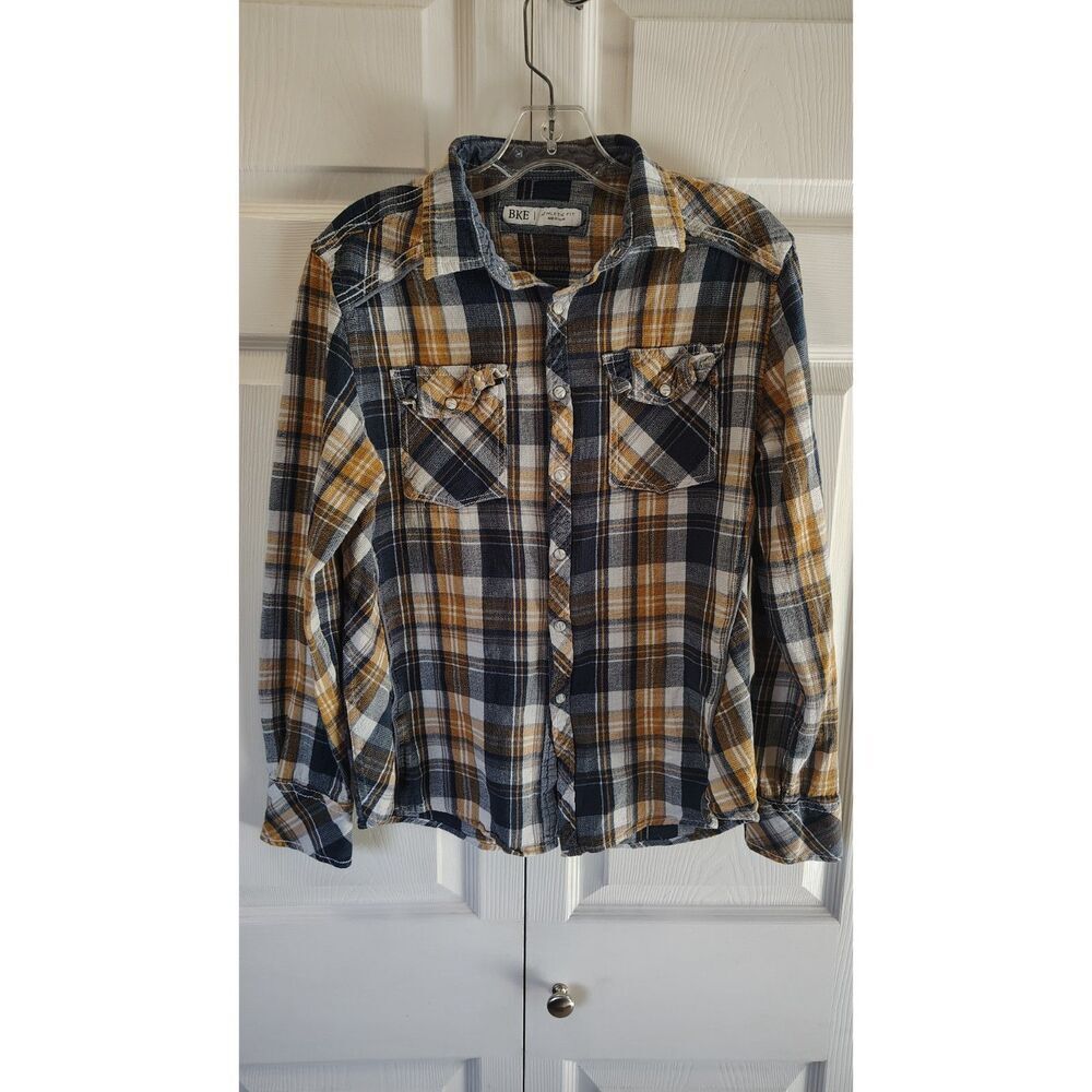BKE Men’s Athletic Fit Long Sleeve Plaid Western Shirt – Mustard/Navy Medium